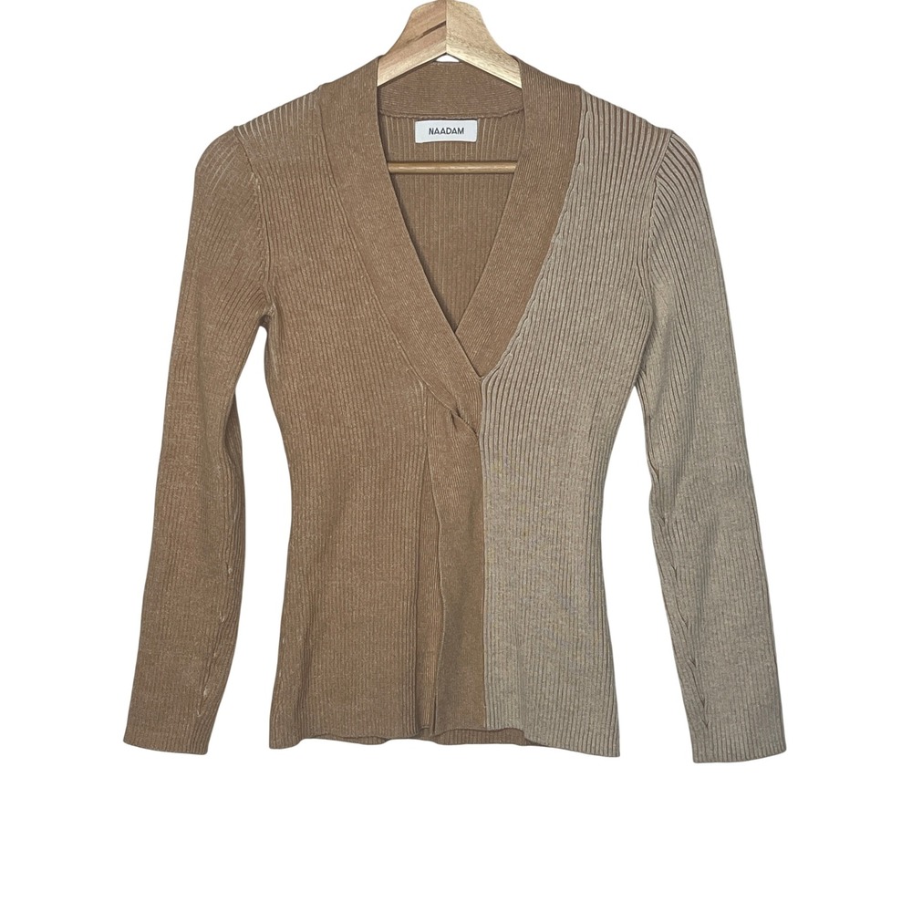 NAADAM Womens XS Colorblock Twisted Ribbed Cotton Cashmere V-Neck Sweater Tan